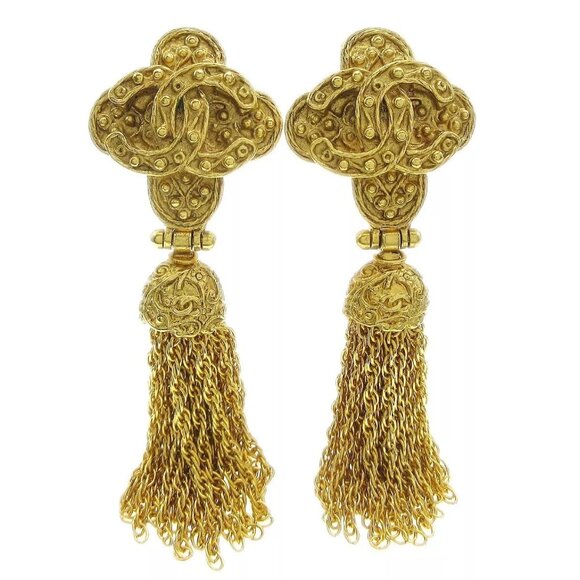 Chanel Fringe Dangle Earrings Clip-On Gold 94A - Picture 1 of 5